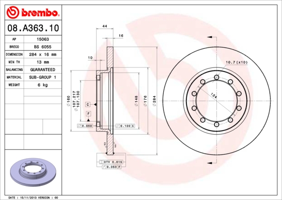 Тормозной диск   08.A363.10   BREMBO