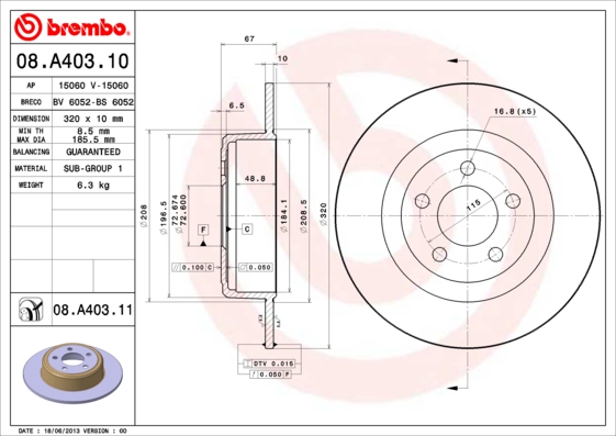 Гальмівний диск   08.A403.11   BREMBO