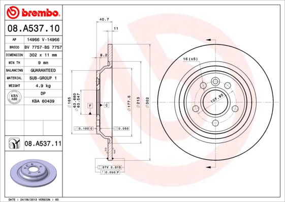 Тормозной диск   08.A537.11   BREMBO