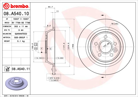 Тормозной диск   08.A540.11   BREMBO