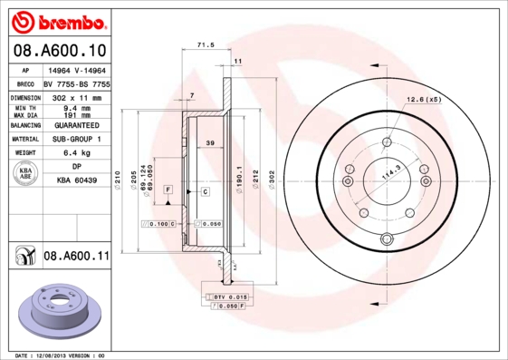 Тормозной диск   08.A600.11   BREMBO