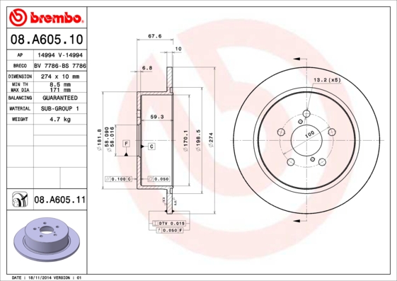 Гальмівний диск   08.A605.11   BREMBO