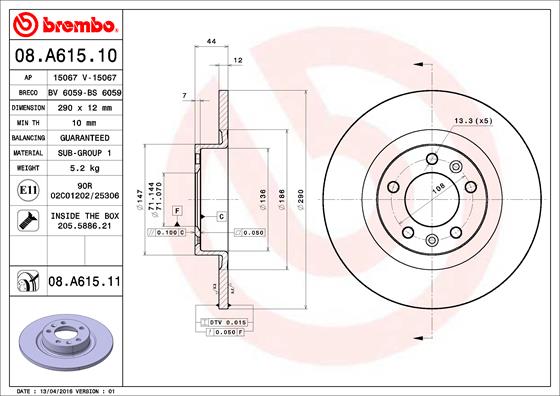 Тормозной диск   08.A615.11   BREMBO