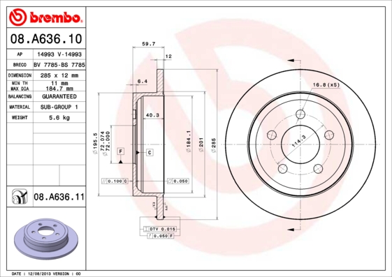 Тормозной диск   08.A636.10   BREMBO