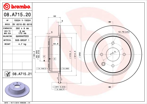 Тормозной диск   08.A715.20   BREMBO