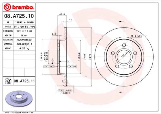 Тормозной диск   08.A725.10   BREMBO