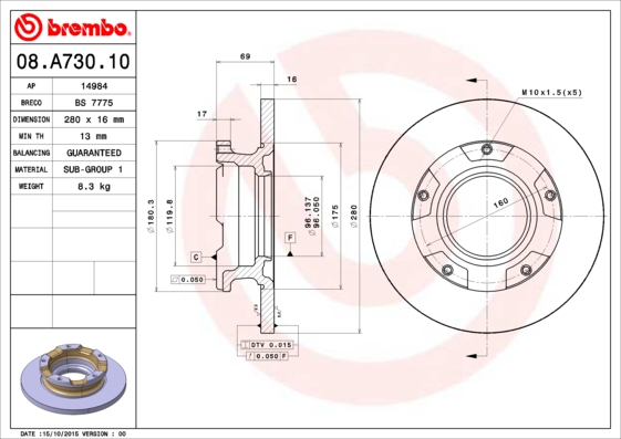 Гальмівний диск   08.A730.10   BREMBO