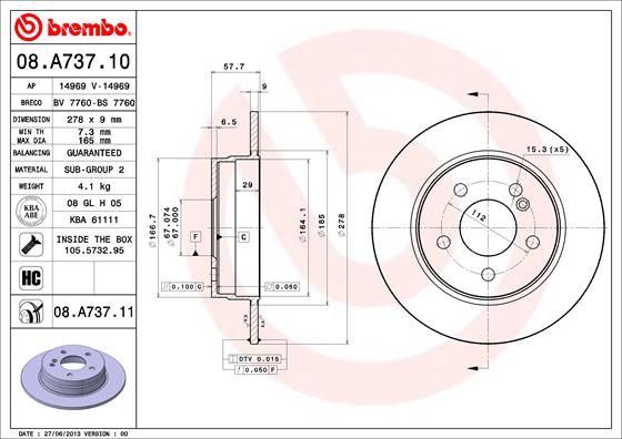 Тормозной диск, BREMBO 08.A737.11 Тормозной диск, BREMBO 08.A737.11