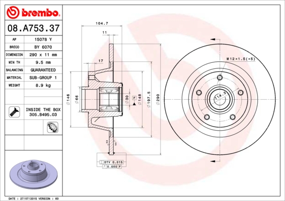 Гальмівний диск   08.A753.37   BREMBO