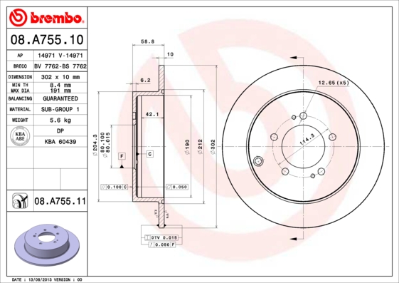 Тормозной диск   08.A755.11   BREMBO