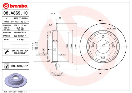 Тормозной диск   08.A869.10   BREMBO