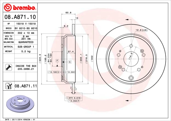 Гальмівний диск   08.A871.10   BREMBO