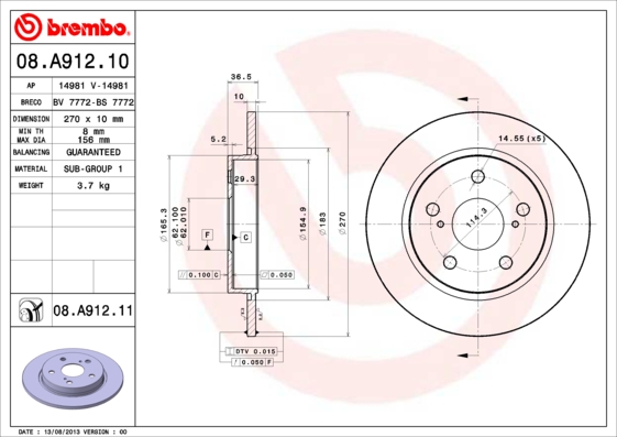 Тормозной диск   08.A912.10   BREMBO