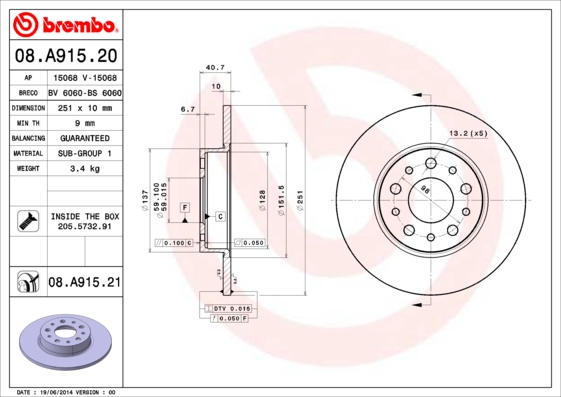 Тормозной диск   08.A915.21   BREMBO