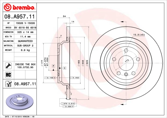 Тормозной диск   08.A957.11   BREMBO