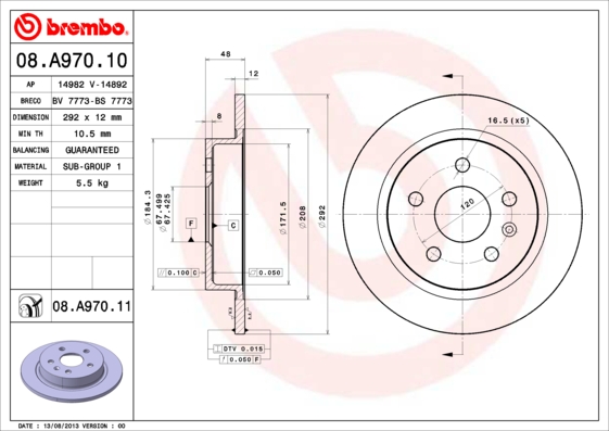 Гальмівний диск   08.A970.11   BREMBO