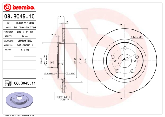 Тормозной диск   08.B045.10   BREMBO