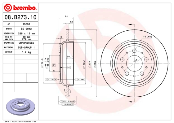 Тормозной диск   08.B273.10   BREMBO