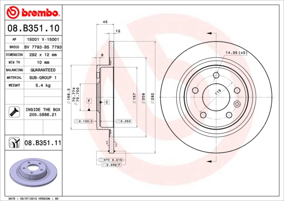 Тормозной диск   08.B351.11   BREMBO