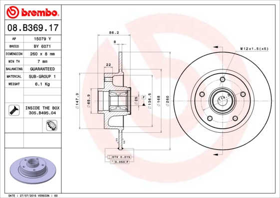 Тормозной диск   08.B369.17   BREMBO