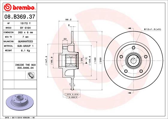 Тормозной диск   08.B369.37   BREMBO