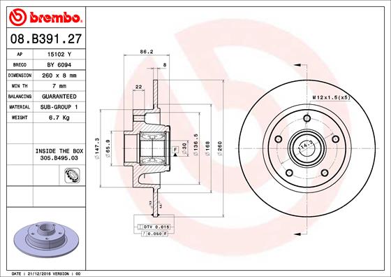 Тормозной диск   08.B391.27   BREMBO