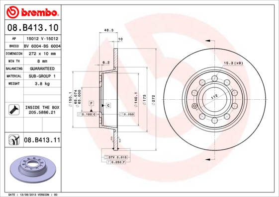 Тормозной диск   08.B413.11   BREMBO