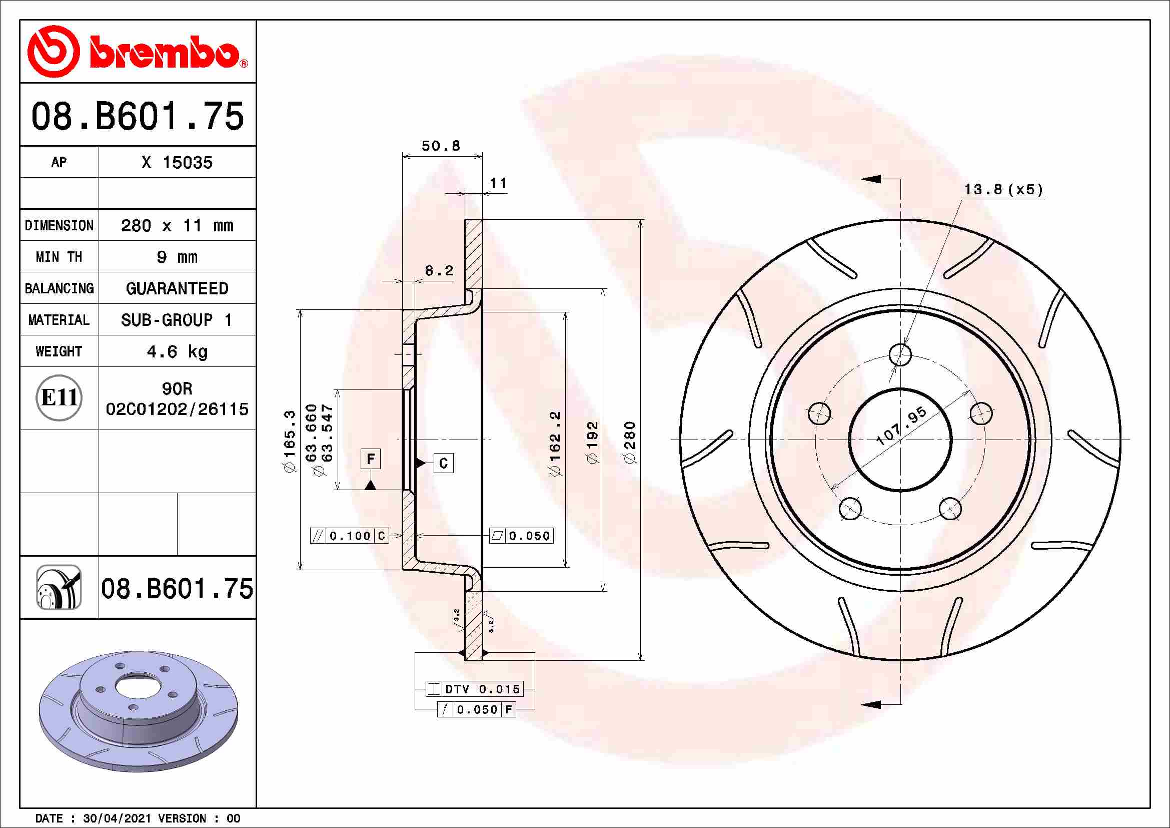 Тормозной диск   08.B601.75   BREMBO