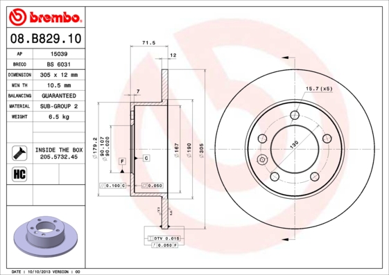 Тормозной диск   08.B829.10   BREMBO