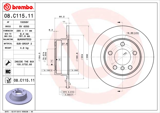 Гальмівний диск   08.C115.11   BREMBO