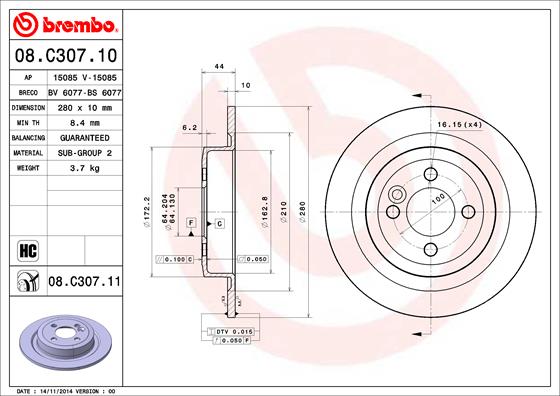 Тормозной диск   08.C307.11   BREMBO