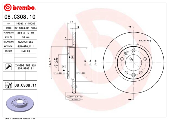 Гальмівний диск   08.C308.11   BREMBO