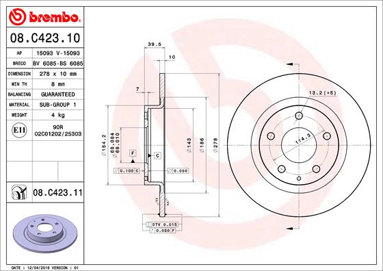 Тормозной диск   08.C423.11   BREMBO