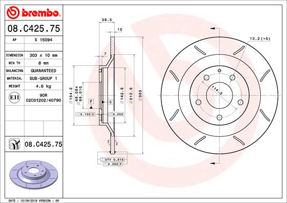 Тормозной диск   08.C425.75   BREMBO