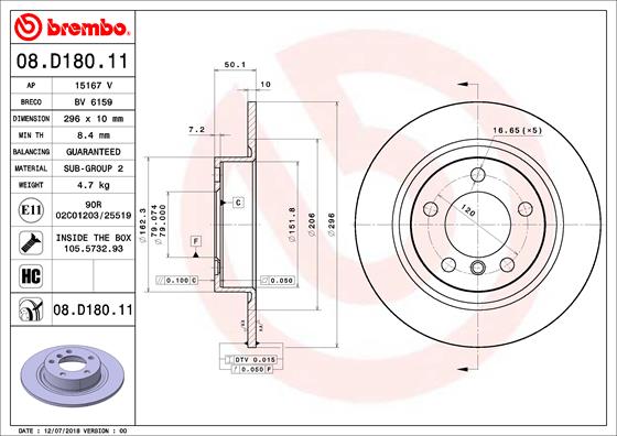 Тормозной диск   08.D180.11   BREMBO