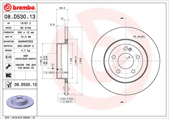 Тормозной диск   08.D530.13   BREMBO