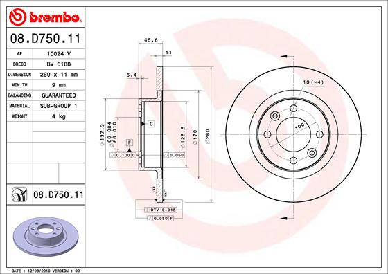 Тормозной диск   08.D750.11   BREMBO