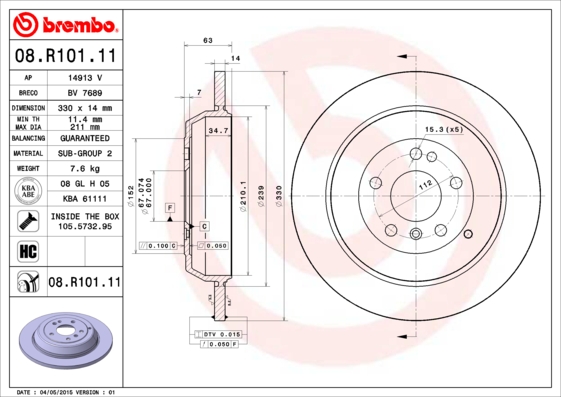 Тормозной диск   08.R101.11   BREMBO