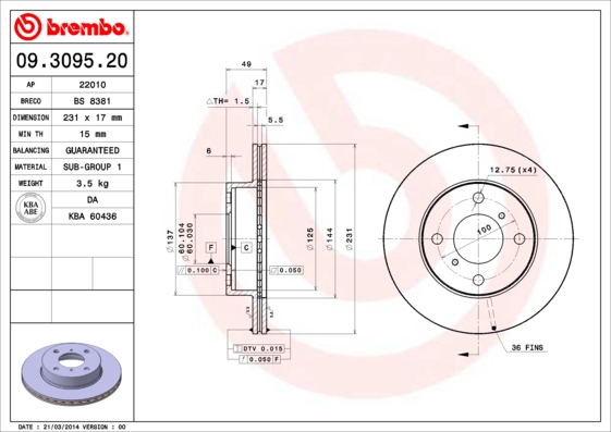 Гальмівний диск   09.3095.20   BREMBO