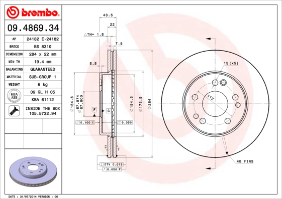 Тормозной диск   09.4869.34   BREMBO