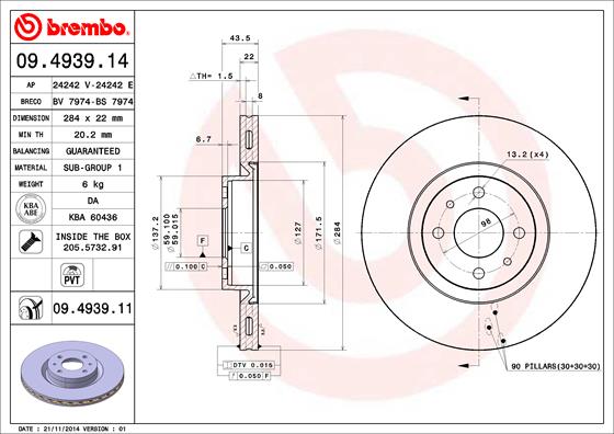 Тормозной диск   09.4939.14   BREMBO