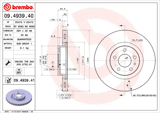 Тормозной диск   09.4939.40   BREMBO