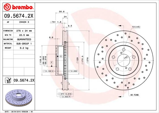 Тормозной диск   09.5674.2X   BREMBO