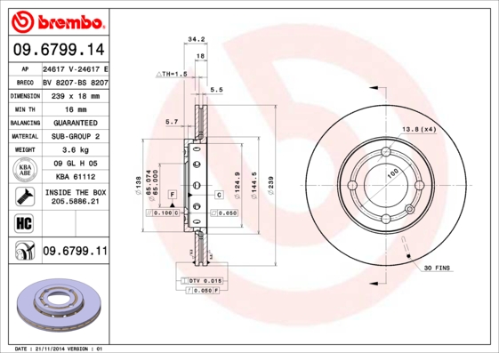 Тормозной диск   09.6799.11   BREMBO