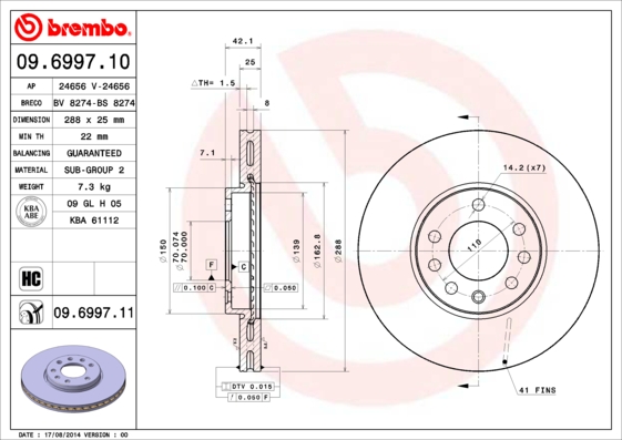 Тормозной диск   09.6997.11   BREMBO