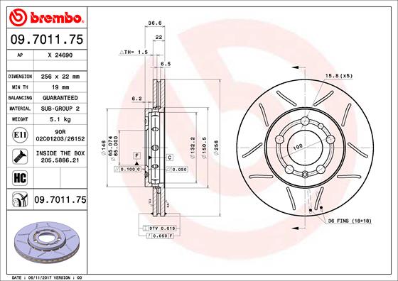 Тормозной диск   09.7011.75   BREMBO