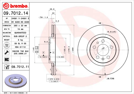 Тормозной диск   09.7012.11   BREMBO