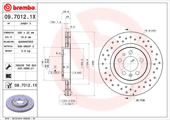 Тормозной диск   09.7012.1X   BREMBO