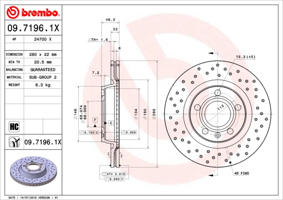 Гальмівний диск   09.7196.1X   BREMBO