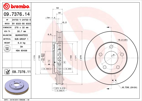 Гальмівний диск   09.7376.11   BREMBO